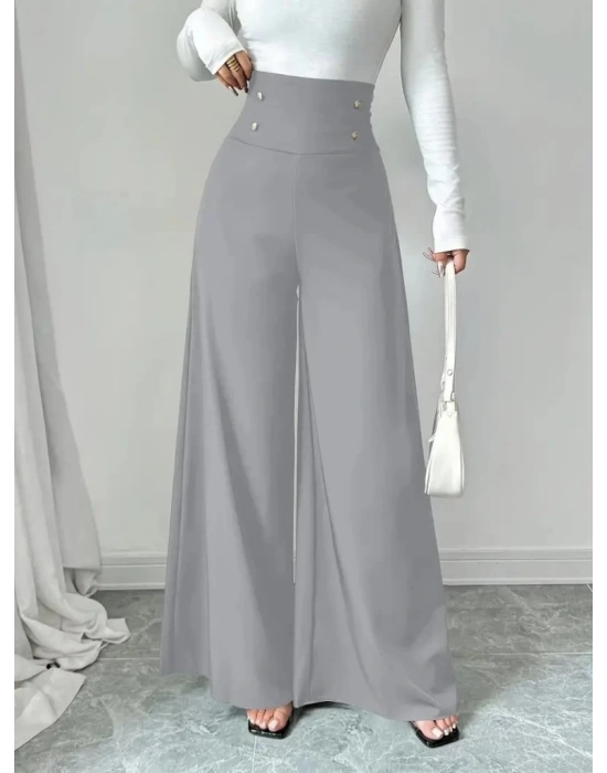Kadın Yüksek Bel Düğmeli Geniş Paçalı Ithal Krep Pantolon