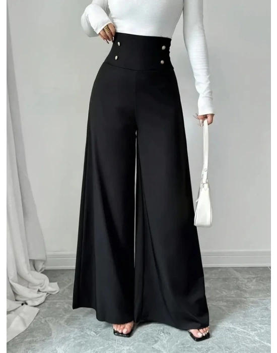 Kadın Yüksek Bel Düğmeli Geniş Paçalı Ithal Krep Pantolon