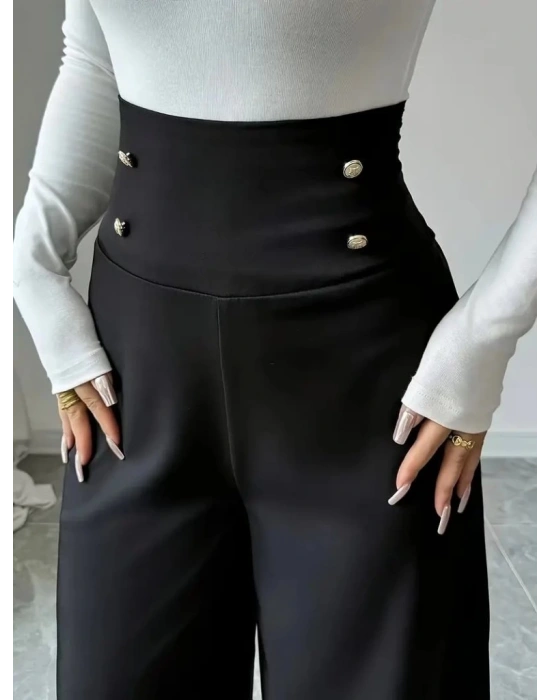 Kadın Yüksek Bel Düğmeli Geniş Paçalı Ithal Krep Pantolon