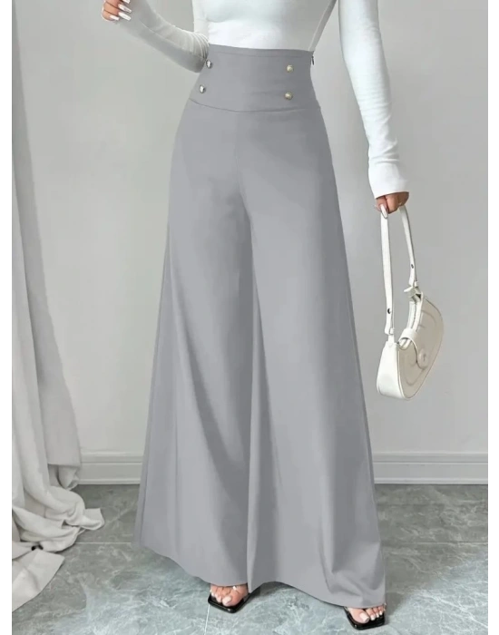 Kadın Yüksek Bel Düğmeli Geniş Paçalı Ithal Krep Pantolon