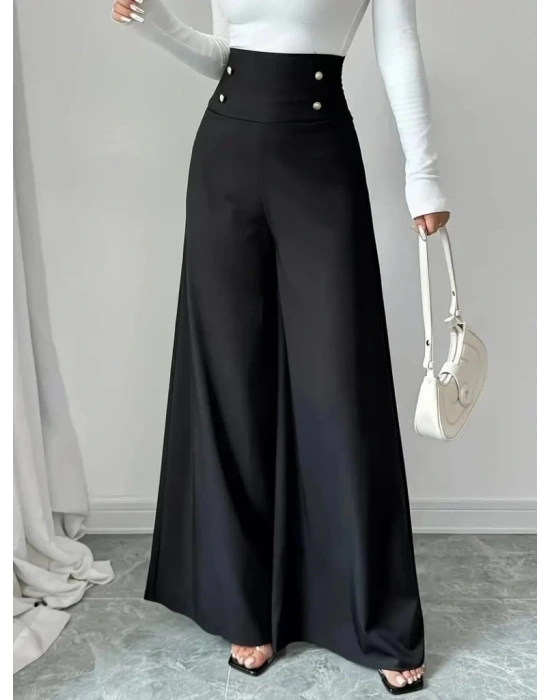 Kadın Yüksek Bel Düğmeli Geniş Paçalı Ithal Krep Pantolon