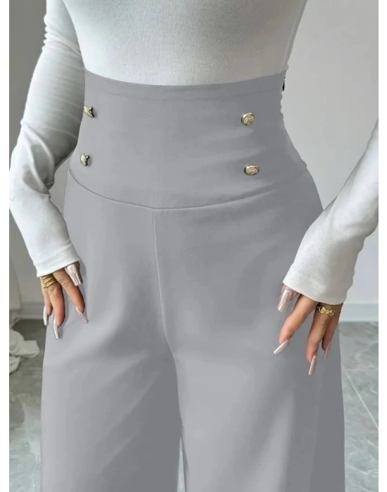 Kadın Yüksek Bel Düğmeli Geniş Paçalı Ithal Krep Pantolon