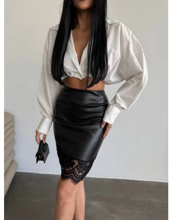 Kadın Yüksek Bel Etek Ucu Dantel Güpür Detay ini Deri Etek