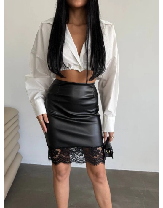 Kadın Yüksek Bel Etek Ucu Dantel Güpür Detay ini Deri Etek