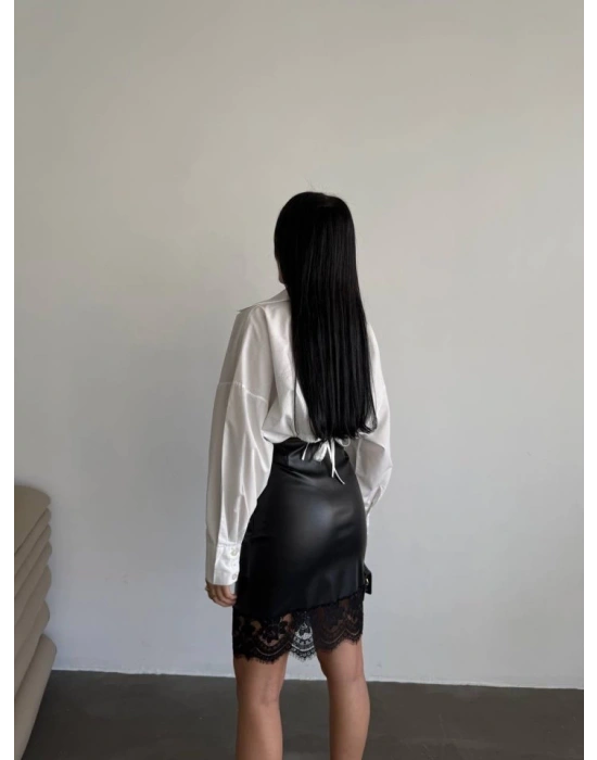 Kadın Yüksek Bel Etek Ucu Dantel Güpür Detay ini Deri Etek