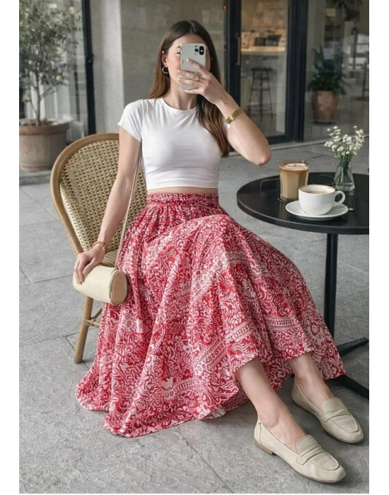 Kadın Yüksek Bel Etnik Desen Baskılı Beli astikliastarlı Etek