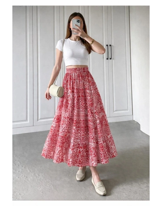 Kadın Yüksek Bel Etnik Desen Baskılı Beli astikliastarlı Etek