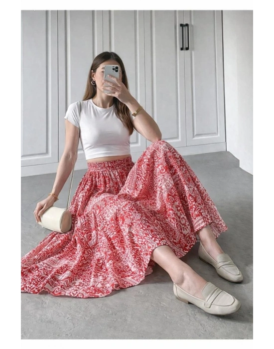 Kadın Yüksek Bel Etnik Desen Baskılı Beli astikliastarlı Etek