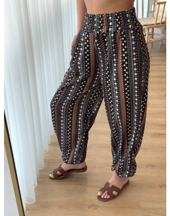 Kadın Yüksek Bel Etnik Desenli Geniş Dökümlü Bürümcük Pantolon