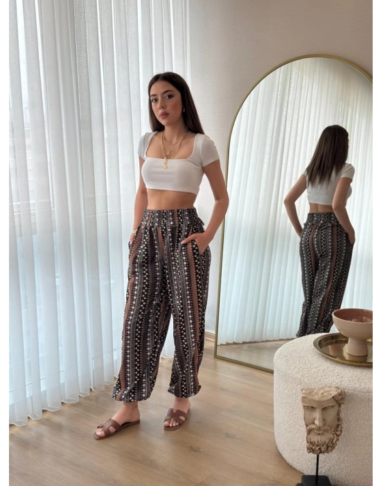 Kadın Yüksek Bel Etnik Desenli Geniş Dökümlü Bürümcük Pantolon