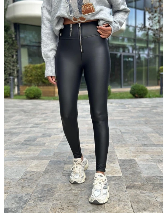 Kadın Yüksek Bel Fermuar Detay Deri Pantolon