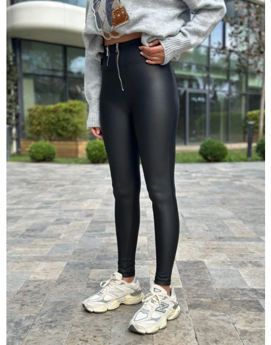 Kadın Yüksek Bel Fermuar Detay Deri Pantolon