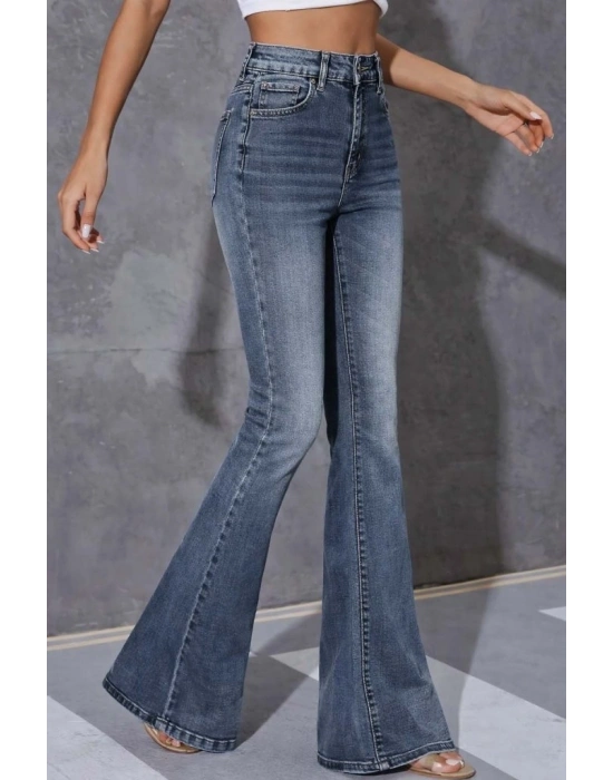 Kadın Yüksek Bel Fermuarlı İspanyol Paçalı Kot Pantolon