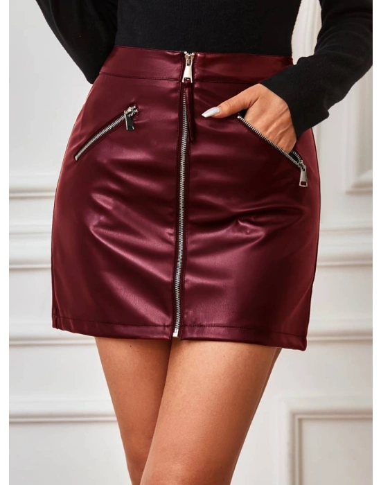 Kadın Yüksek Bel Fermuarlı Mini Deri Etek