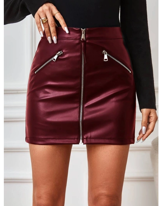 Kadın Yüksek Bel Fermuarlı Mini Deri Etek