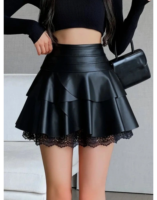 Kadın Yüksek Bel Fırfırlı Dantelli Kısa Deri Etek