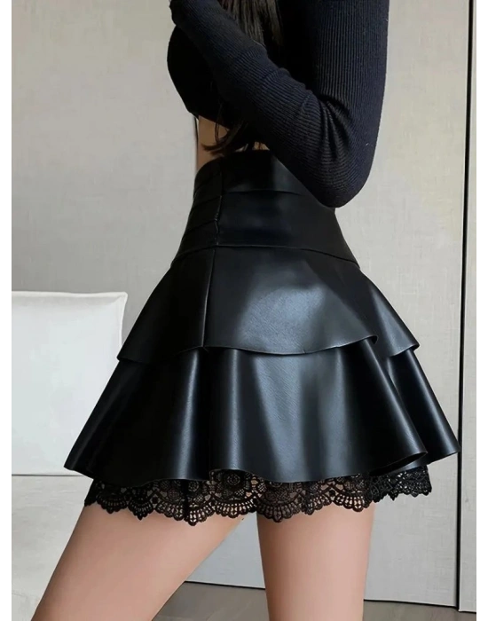 Kadın Yüksek Bel Fırfırlı Dantelli Kısa Deri Etek