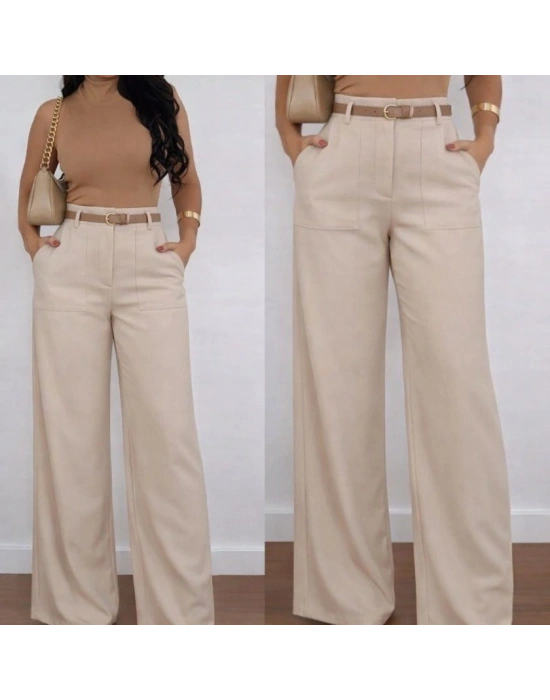 Kadın Yüksek Bel Geniş Paça Detaylı Cepli Ithal Krep Pantolon