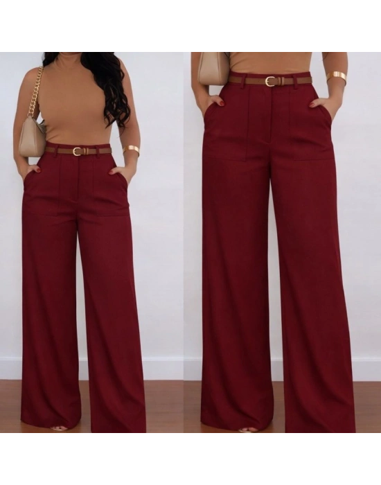 Kadın Yüksek Bel Geniş Paça Detaylı Cepli Ithal Krep Pantolon