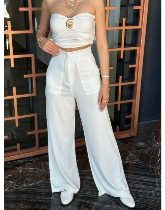 Kadın Yüksek Bel Geniş Paça Detaylı Cepli Ithal Krep Pantolon