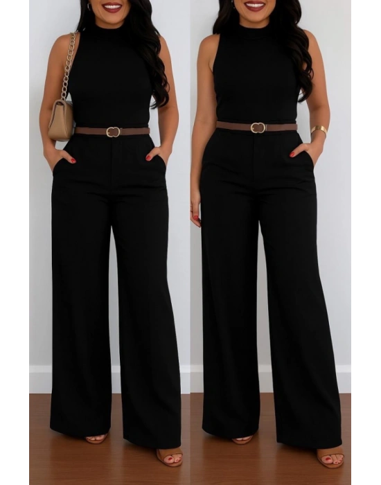 Kadın Yüksek Bel Geniş Paça Detaylı Cepli Ithal Krep Pantolon