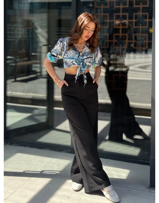 Kadın Yüksek Bel Geniş Paça Detaylı Cepli Ithal Krep Pantolon