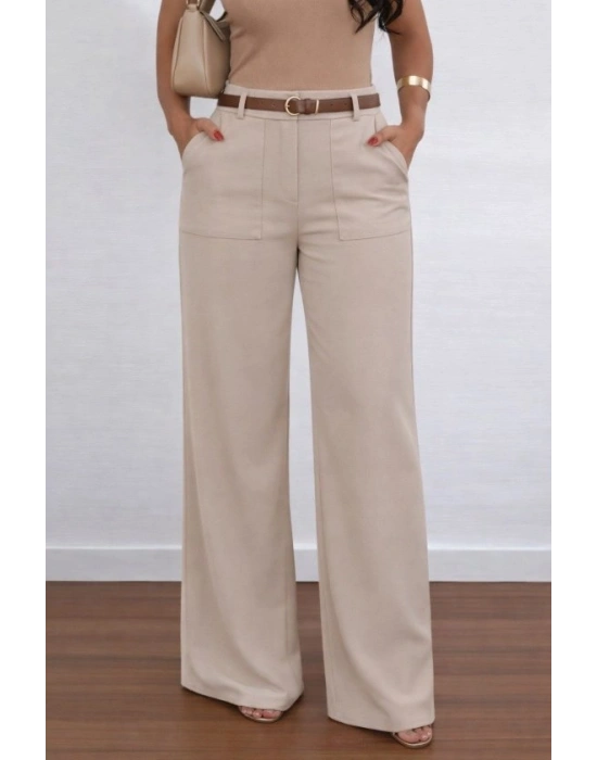 Kadın Yüksek Bel Geniş Paça Detaylı Cepli Ithal Krep Pantolon