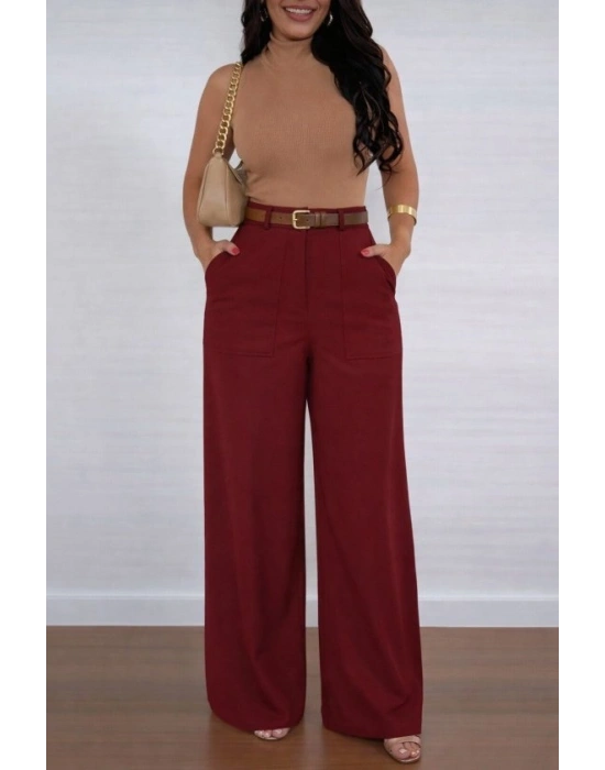 Kadın Yüksek Bel Geniş Paça Detaylı Cepli Ithal Krep Pantolon