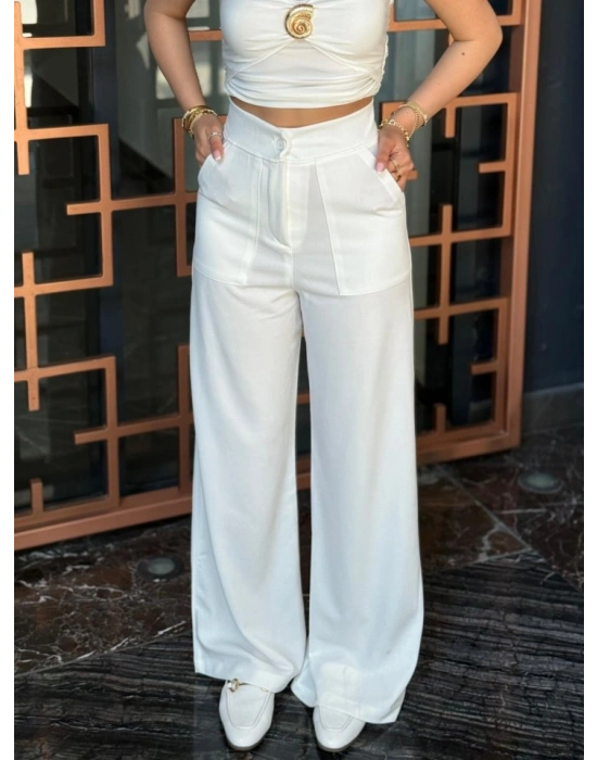 Kadın Yüksek Bel Geniş Paça Detaylı Cepli Ithal Krep Pantolon