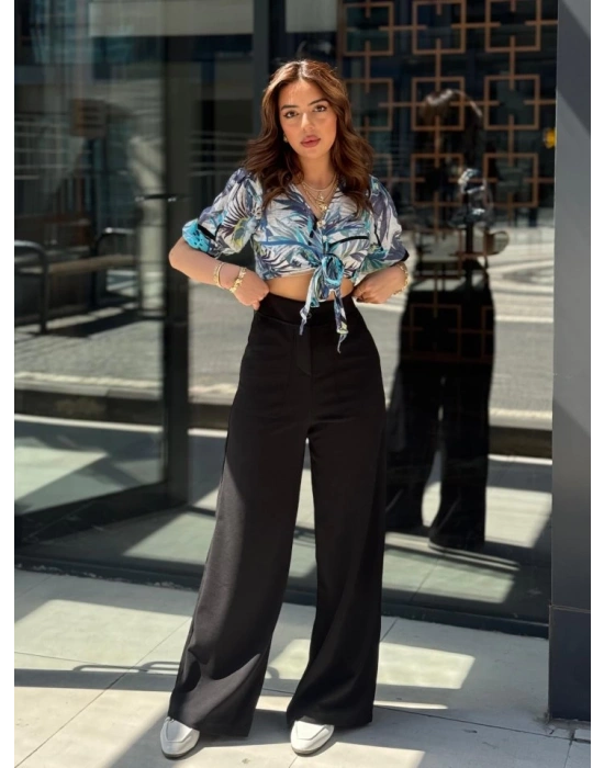 Kadın Yüksek Bel Geniş Paça Detaylı Cepli Ithal Krep Pantolon