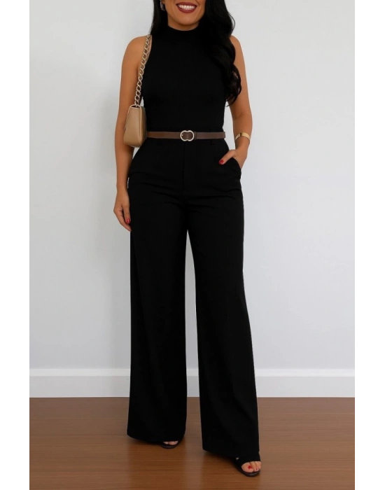 Kadın Yüksek Bel Geniş Paça Detaylı Cepli Ithal Krep Pantolon