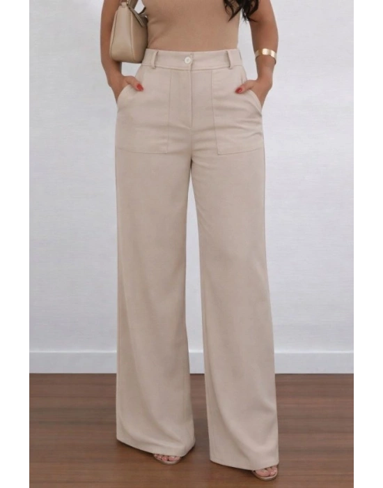 Kadın Yüksek Bel Geniş Paça Detaylı Cepli Ithal Krep Pantolon