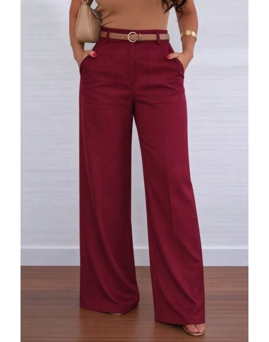 Kadın Yüksek Bel Geniş Paça Detaylı Cepli Ithal Krep Pantolon