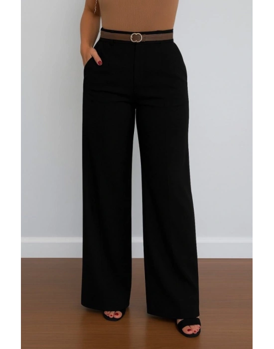Kadın Yüksek Bel Geniş Paça Detaylı Cepli Ithal Krep Pantolon