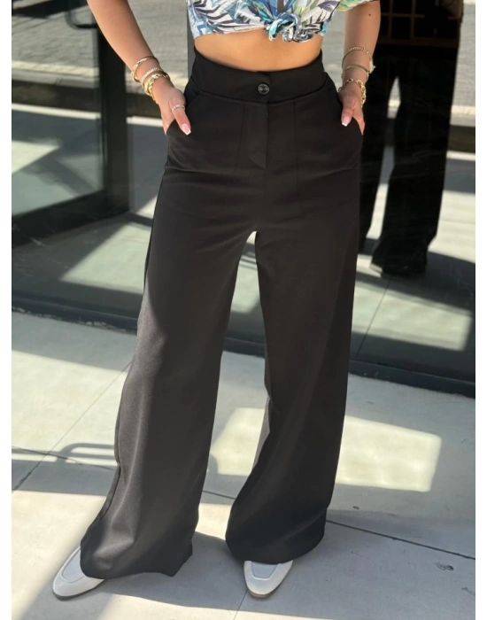 Kadın Yüksek Bel Geniş Paça Detaylı Cepli Ithal Krep Pantolon