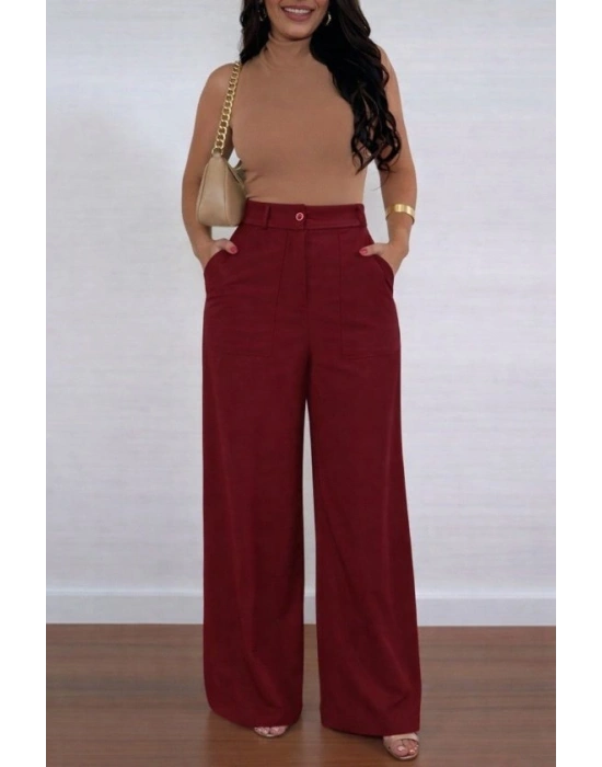 Kadın Yüksek Bel Geniş Paça Detaylı Cepli Ithal Krep Pantolon