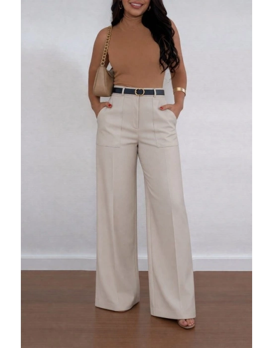 Kadın Yüksek Bel Geniş Paça Detaylı Cepli Ithal Krep Pantolon