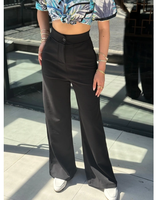 Kadın Yüksek Bel Geniş Paça Detaylı Cepli Ithal Krep Pantolon