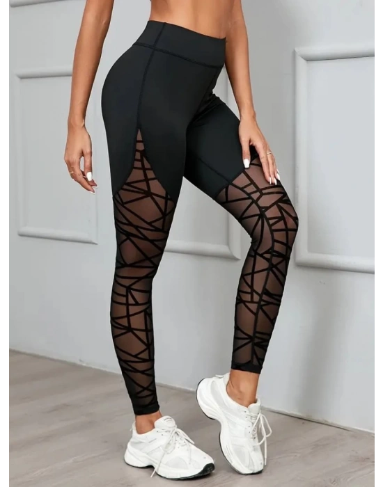 Kadın Yüksek Bel Geometrik Desen File Detaylı Dalgıç Tayt