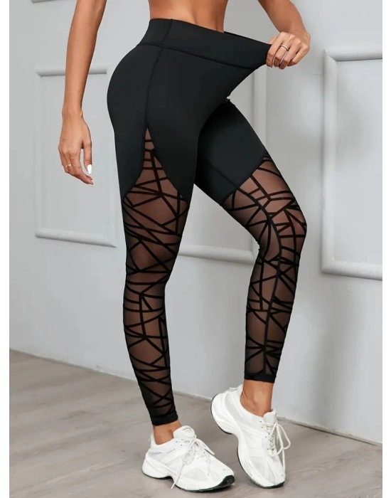 Kadın Yüksek Bel Geometrik Desen File Detaylı Dalgıç Tayt