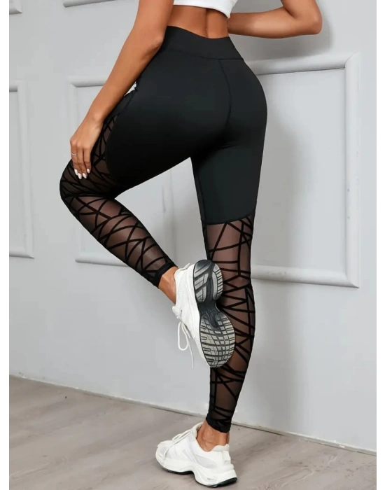 Kadın Yüksek Bel Geometrik Desen File Detaylı Dalgıç Tayt