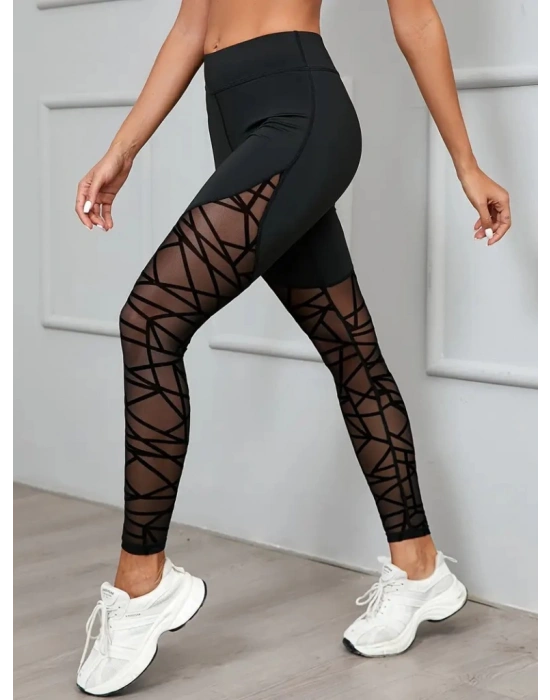 Kadın Yüksek Bel Geometrik Desen File Detaylı Dalgıç Tayt