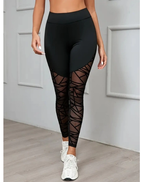 Kadın Yüksek Bel Geometrik Desen File Detaylı Dalgıç Tayt