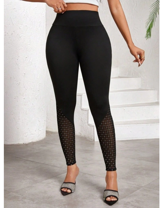 Kadın Yüksek Bel ışıltılı Tül Geometrik Detaylı Dalgıç Tayt