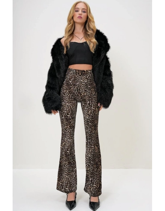 Kadın Yüksek Bel Ispanyol Paça Krep Kumaş Leopar Pantolon