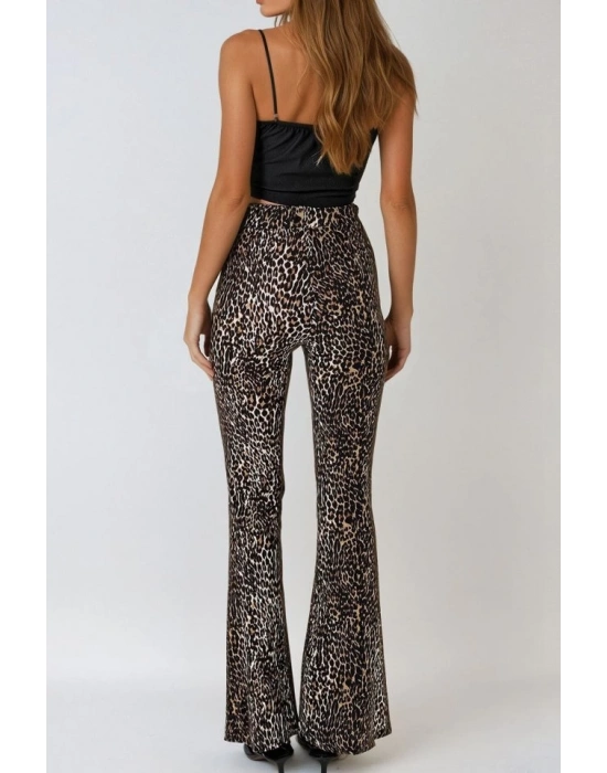 Kadın Yüksek Bel Ispanyol Paça Krep Kumaş Leopar Pantolon