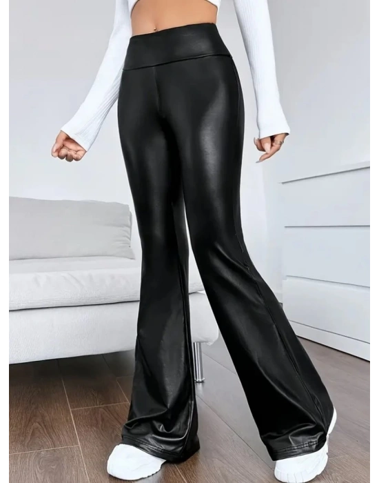 Kadın Yüksek Bel İspanyol Paça Likralı Deri Pantolon