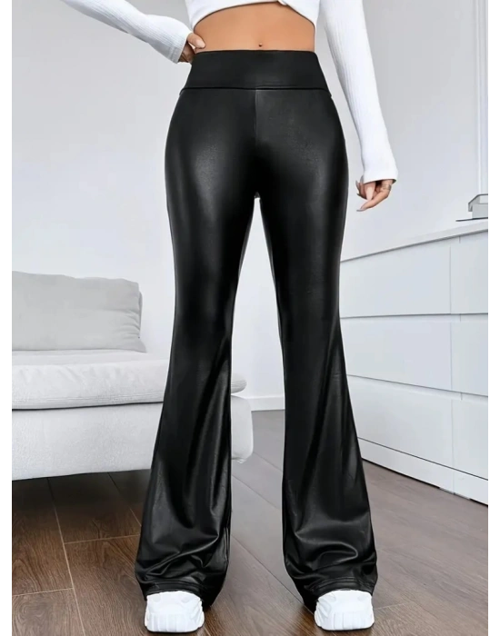 Kadın Yüksek Bel İspanyol Paça Likralı Deri Pantolon