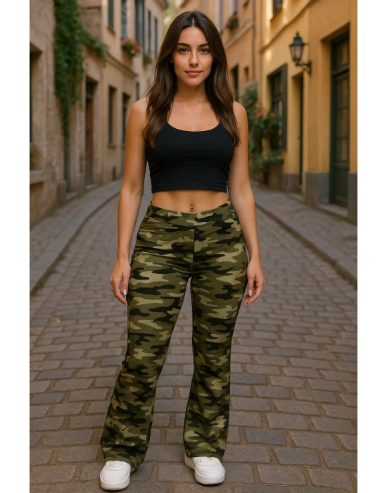 Kadın Yüksek Bel Kamuflaj Desenli Dalgıç Tayt