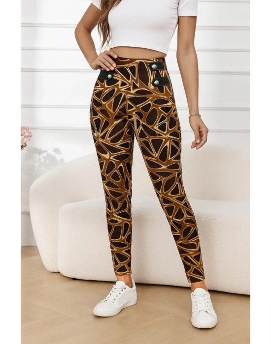 Kadın Yüksek Bel Kaz Ayağı Desenli Yan şerit Düğme Detaylı Dalgıç Pantolon